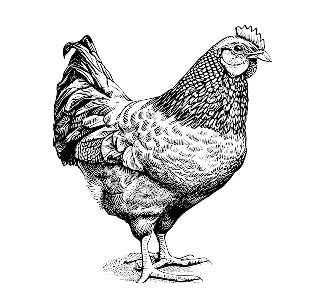 Hen chicken standing hand drawn sketch.Vector illustration.