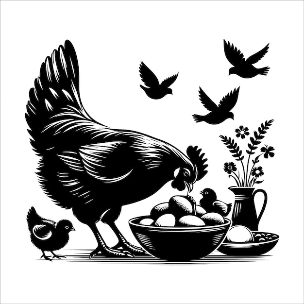 Vector hen silhouettes vector on white background