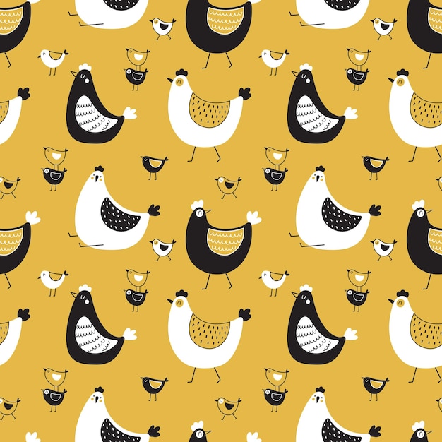 Hens and chickens seamless vector pattern Creative childish texture on yellow background for easter fabric paper