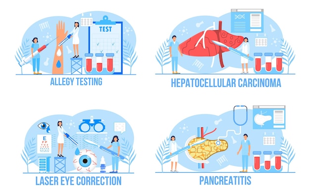 Hepatologist allergy test pancreatitis laser eye correction concept set vector for medical websites landing page Hepatocellular carcinoma concept vector