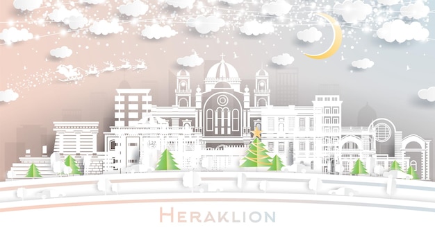 Heraklion Greece Winter City Skyline in Paper Cut Style with Snowflakes Moon and Neon Garland