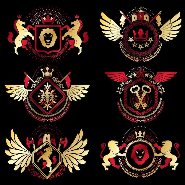 Heraldic Coat of Arms created with vintage vector elements, bird wings, animals, towers, crowns and stars. Classy symbolic emblems collection, vector set.