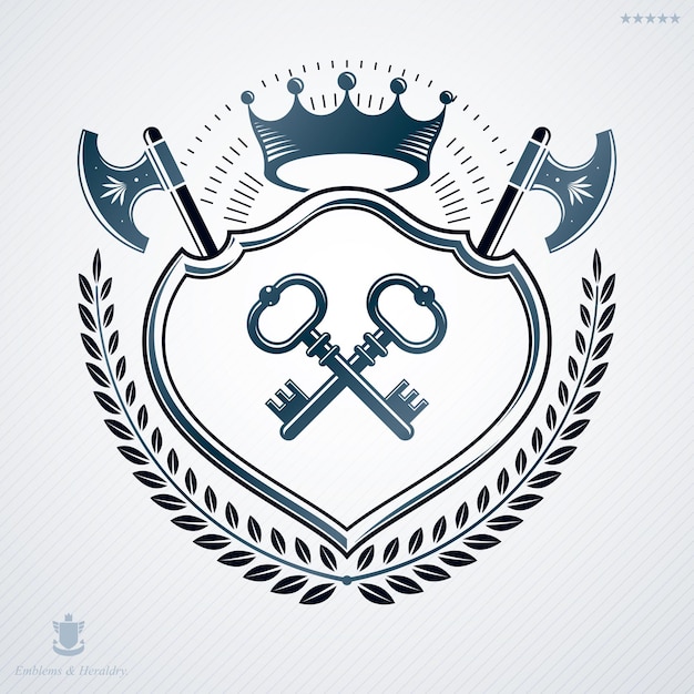 Heraldic Coat of Arms decorative emblem, vector illustration of imperial crown with hatchets and security keys