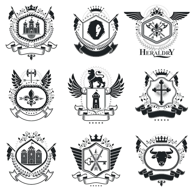 Heraldic Coat of Arms decorative emblems. Collection of symbols in vintage style.