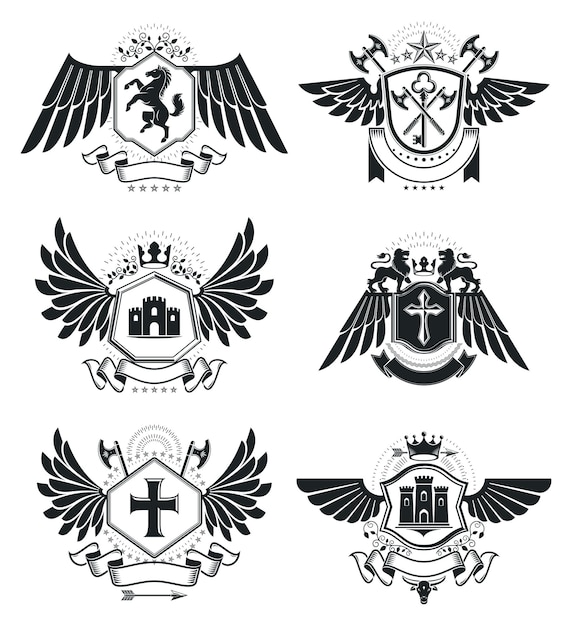 Heraldic Coat of Arms decorative emblems isolated vector illustrations. Vintage design elements collection.