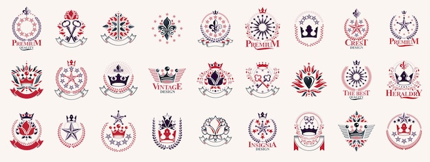 Heraldic Coat of Arms with crowns and stars vector big set, vintage antique heraldic badges and awards collection, symbols in classic style design elements, family or business logos.