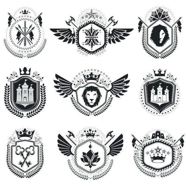 Heraldic designs, vector vintage emblems. Coat of Arms collection, vector set.