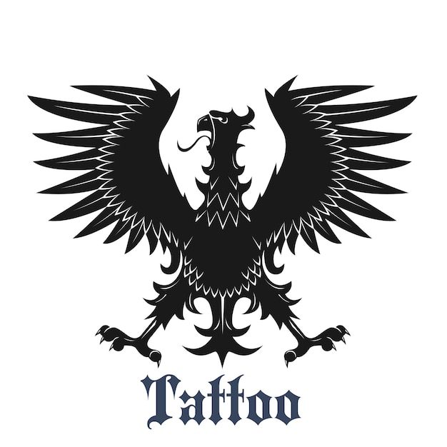 Heraldic eagle symbol for tattoo or coat of arms design usage with black bird in classic position with outstretched wings and legs, adorned by curved pointed feathers