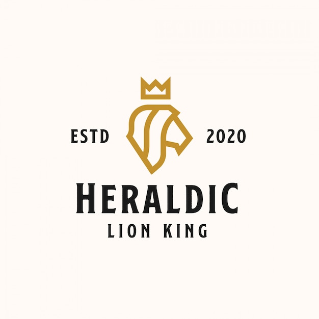 Heraldic head lion with crown golden color logo template. Vector logo