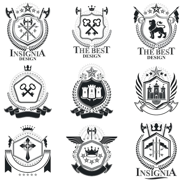 Heraldic signs, elements, heraldry emblems, insignias, signs, vectors. Classy high quality symbolic illustrations collection, vector set.