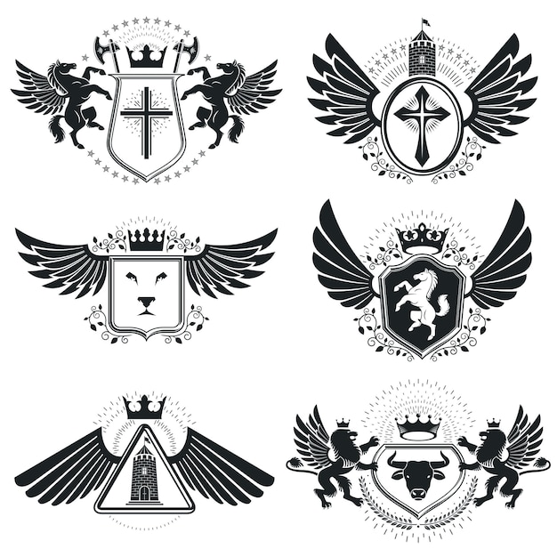 Heraldic signs, elements, heraldry emblems, insignias, signs, vectors. Classy high quality symbolic illustrations collection, vector set.