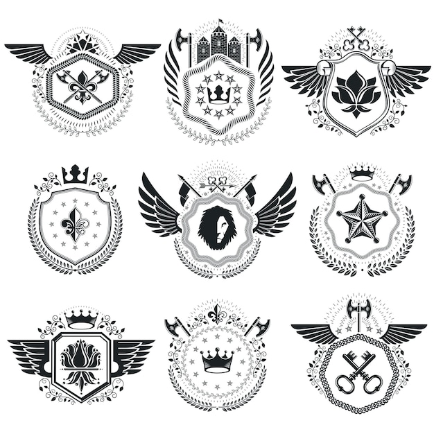 Heraldic signs vector vintage elements. Collection of symbols in vintage style.