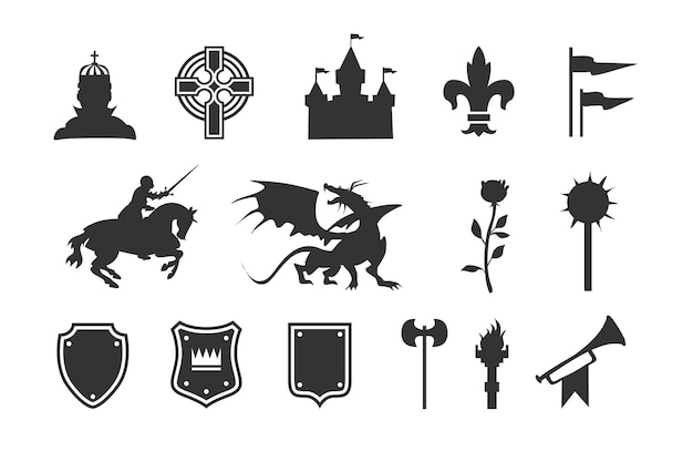 Heraldic symbols and elements. Medieval clip art silhouettes