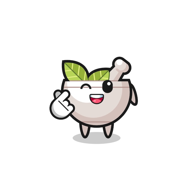 Herbal bowl character doing Korean finger heart cute design