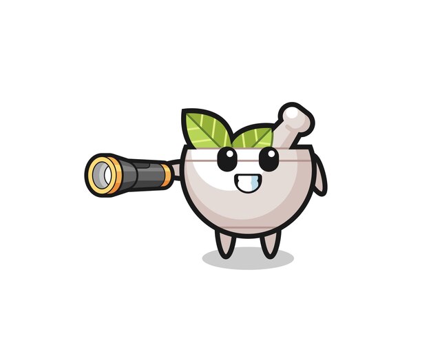 Herbal bowl mascot holding flashlight  cute design