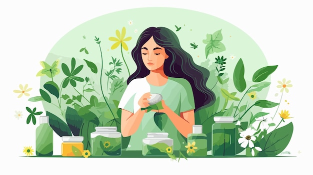 Vector herbal medicine concept young girl with plants