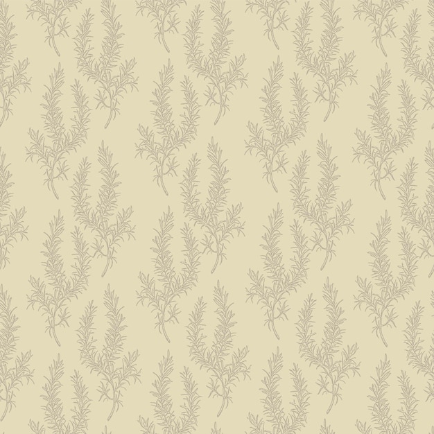 Herbal seamless ink pattern with rosemary on beige background