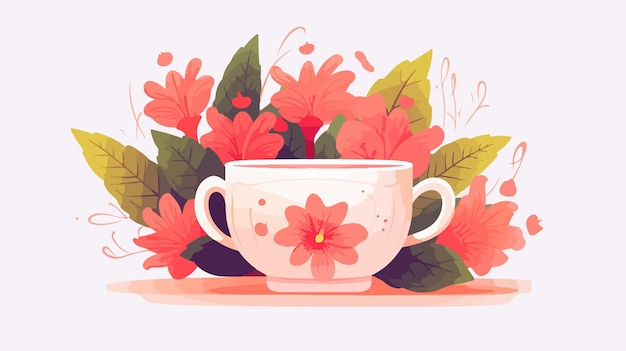 Vector herbal tea icon with cup tea leaves and flowers