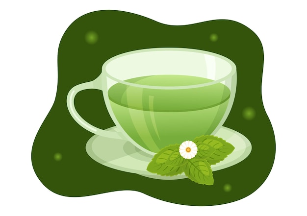 Herbal Tea Illustration with Chamomile Leaves of Health Drink Green to Increase Endurance Concept