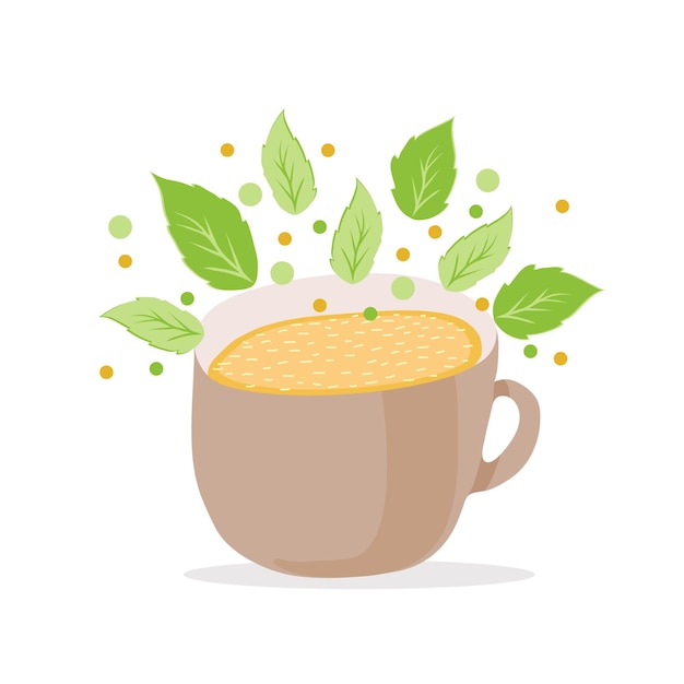 Herbal tea with mint leaves in glass cup Vector flat cartoon illustration