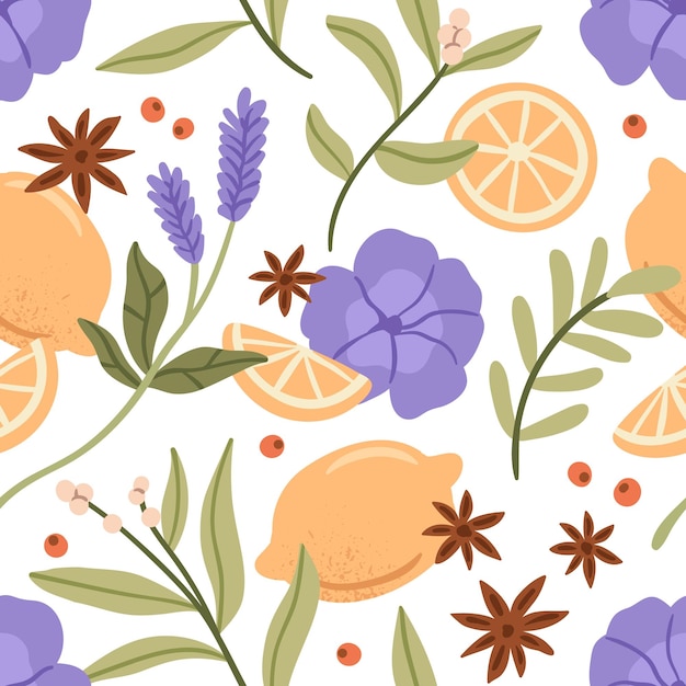 Herbs, fruits, flowers pattern. Seamless background design with herbal, floral plants, lemon, berries, leaves. Repeating print for homeopathy, phytotherapy wrapping. Colored flat vector illustration