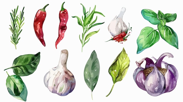 Herbs and Spices Kitchen Watercolor Set with Garlic Chili Illustration