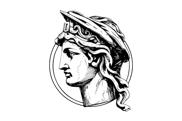 Hermes head hand drawn ink sketch Engraved style vector illustration