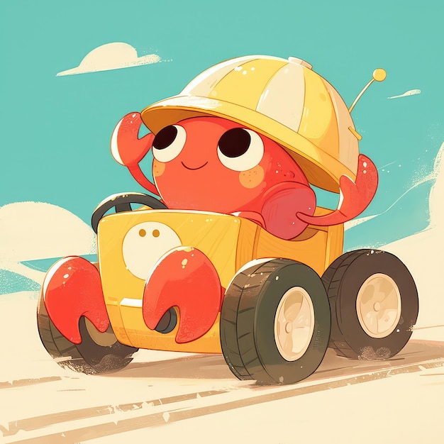 A hermit crab cruising in a toy car cartoon style