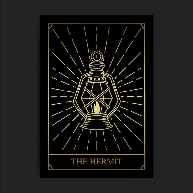 The hermit magic major arcana tarot card in golden hand drawn style