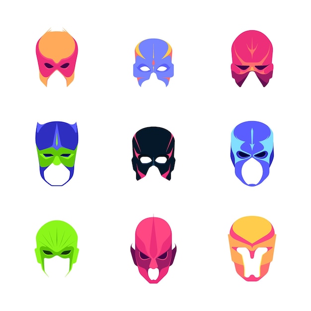 Vector hero mask faces of powerful heroes super costumes head colored helmets comic avengers garish vector flat mask