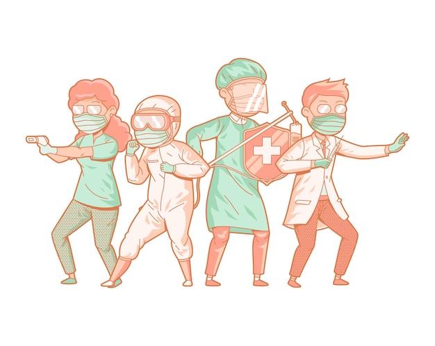 Heroic medical healthcare workers fight covid 19  illustration