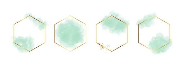 Hexagon frame with abstract splashes of green watercolor brush strokes for logo banner flyer card