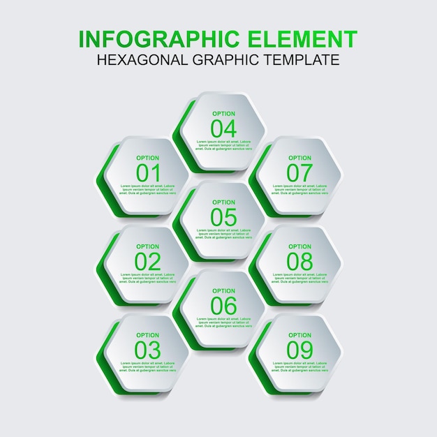 Hexagon infographic element vector template with nine step or option