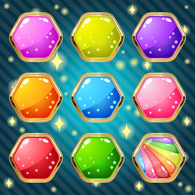 Hexagon jelly in border gold for match  puzzle game.