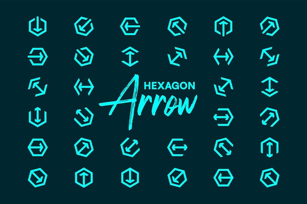 Hexagon shape vector arrow collection in cyan colors Geometric design hexagonal arrows