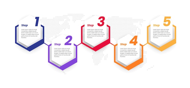 Hexagonal Infographic five steps template on world map background, vector illustration