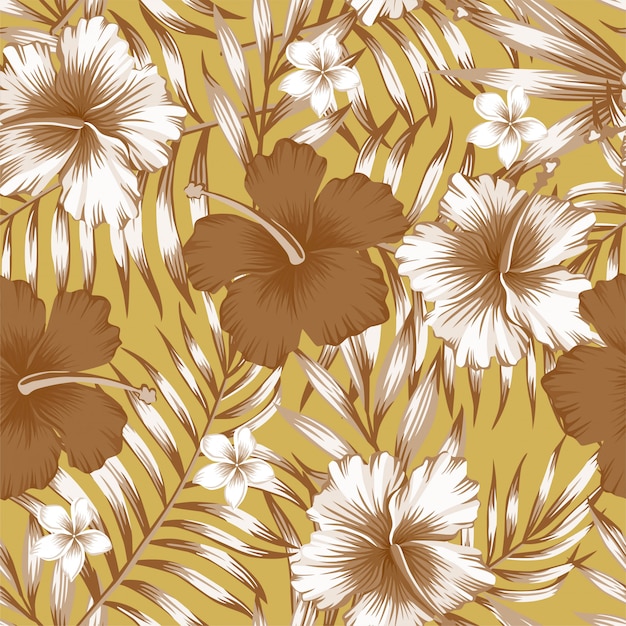 Hibiscus brown palm leaves gold pattern