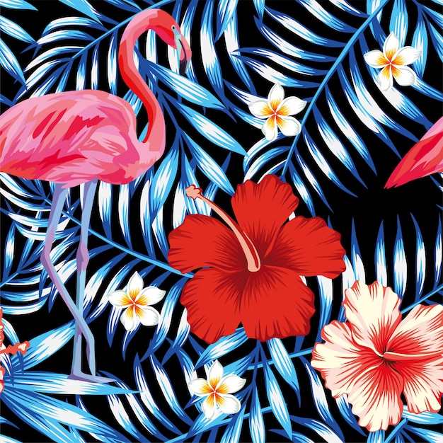 Hibiscus flamingo plumeria palm leaves blue pattern