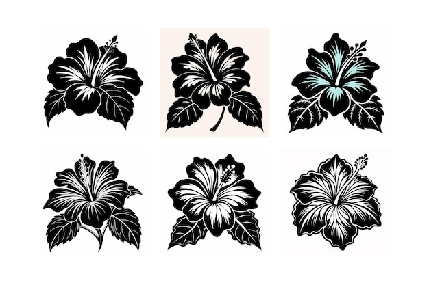 Hibiscus flower set of linocut vector art illustration