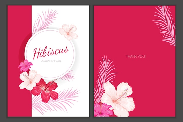 Hibiscus flowers design templates Red pink tropical flowers with palm leaves frame