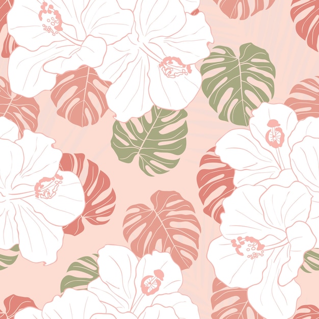 Hibiscus flowers and leaves seamless pattern background Tropical nature wrapping paper or textile