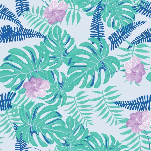 Hibiscus flowers Monstera leaves floral print for fabric vector seamless pattern