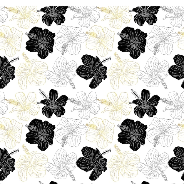 Hibiscus gold foil line art and silhouette tropic flower seamless pattern Can be used for textile fabric invitations cards scrapbook print wrap wallpaper Floral vector background