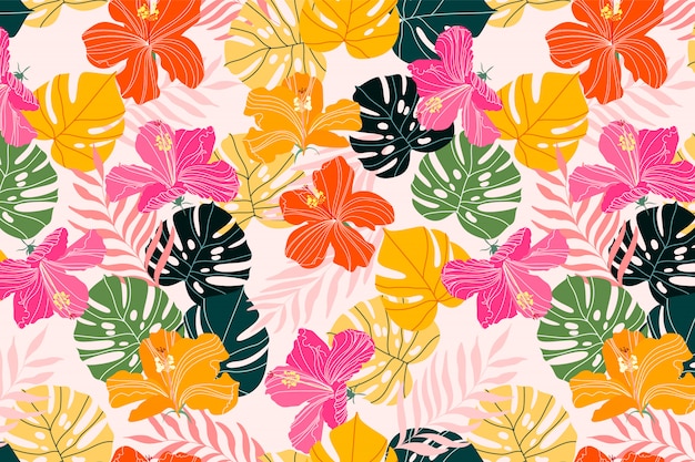 Hibiscus and monstera leaves tropical pattern design. Vibrant summer colourful texture. Exotic flowers and tropical palm branches. Textile, fabric and stationery design background. Fashionable pattern