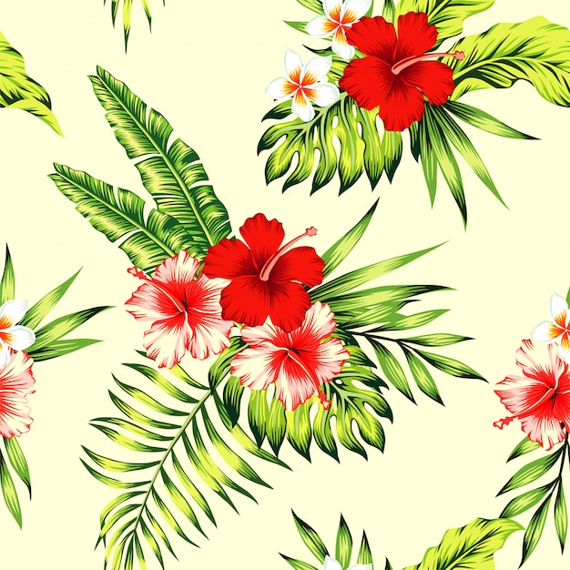 Hibiscus and palm leaves tropical seamless pattern