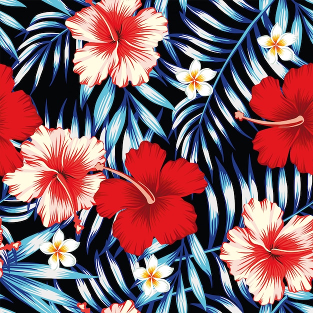 Hibiscus red and palm leaves blue seamless background