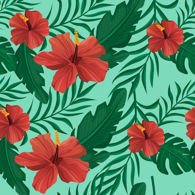 Hibiscus and tropical plants pattern Textile background Vector illustration