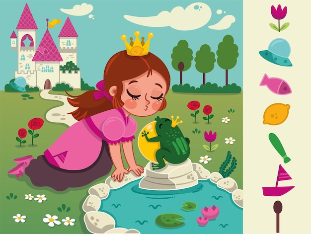 Hidden object game on The Frog Prince story theme Vector illustration for little children