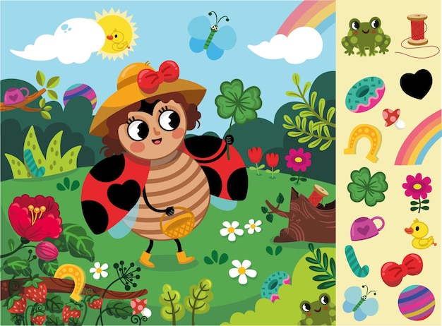 Hidden objects game with a ladybug in nature theme Vector illustration for little children