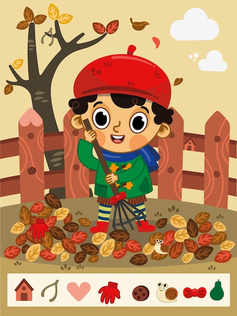 Hidden objects game with a little boy in autumn theme Vector illustration for little children